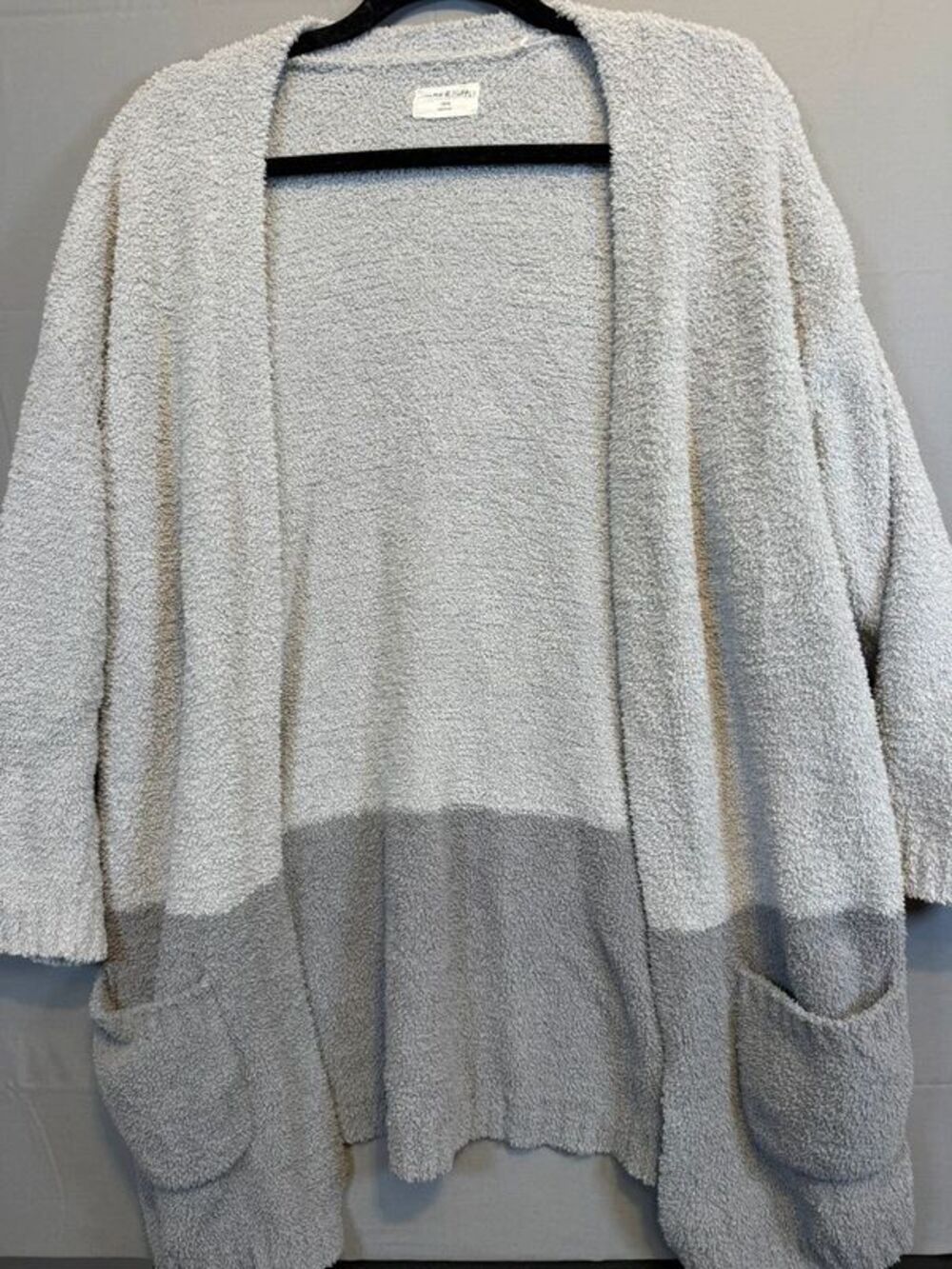 Cozy Fuzzy Chenille Cardigan Grey Colorblock Open Front Pockets